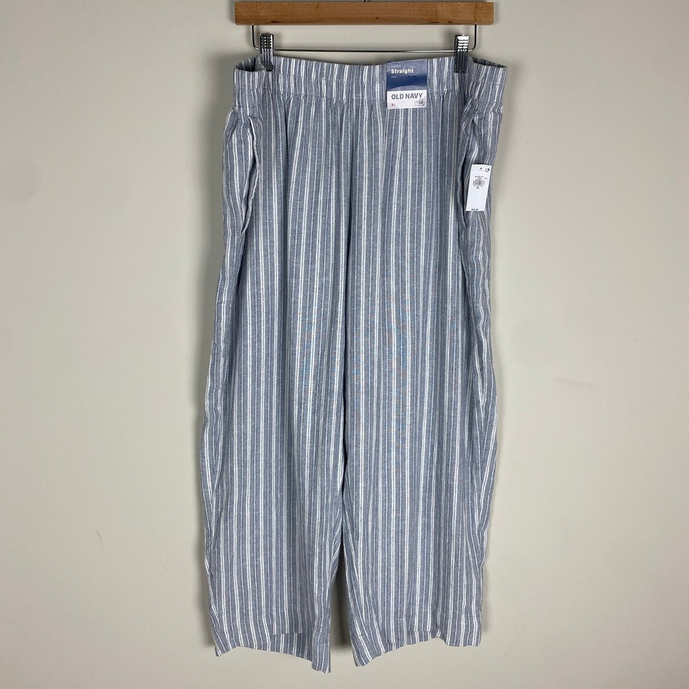Old Navy High Rise Straight Crop Pants Women XL Linen Blend Striped Coastal